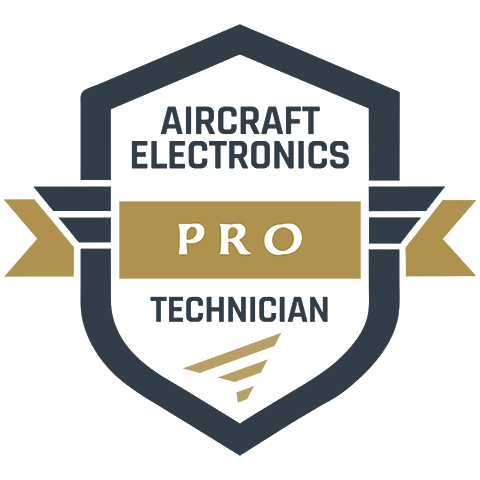Aircraft Electronics Pro Technician badge logo in navy, gold, and white