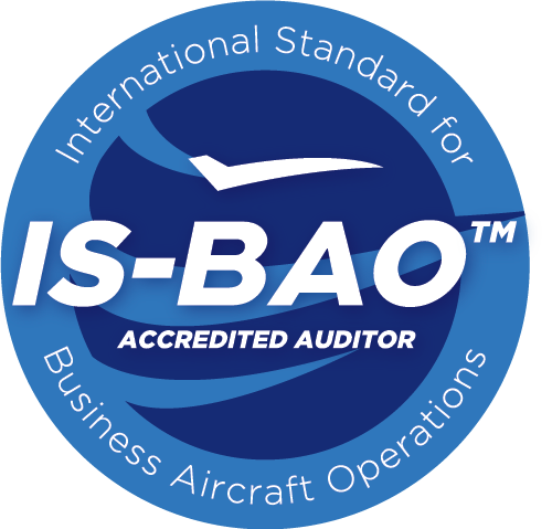 Blue IS-BAO Accredited Auditor logo with white text and aircraft silhouette