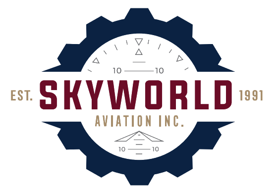 Skyworld Aviation Inc. Logo Sky World Aviation Inc. logo with navy gear and white airplane dial, “Est. 1991” text