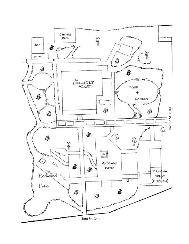 A black and white map of a park with lots of buildings and trees.