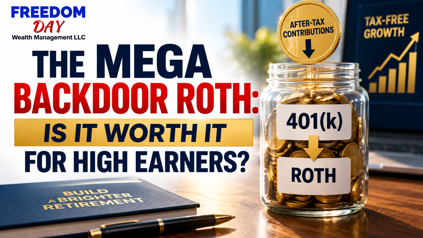 Thumbnail about the “mega backdoor Roth” for high earners, with 401(k), Roth jar, and laptop