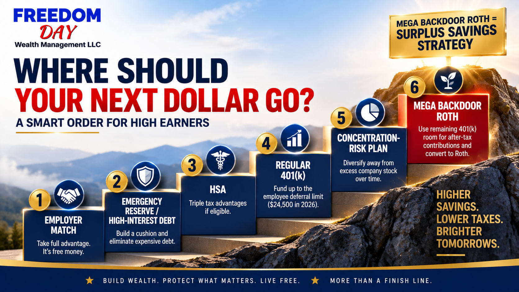 Freedom Day sale ad asking “Where should your next dollar go?” with six numbered ways to spend