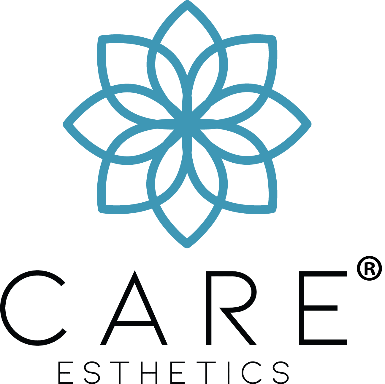 The logo for care esthetics has a blue flower on it.