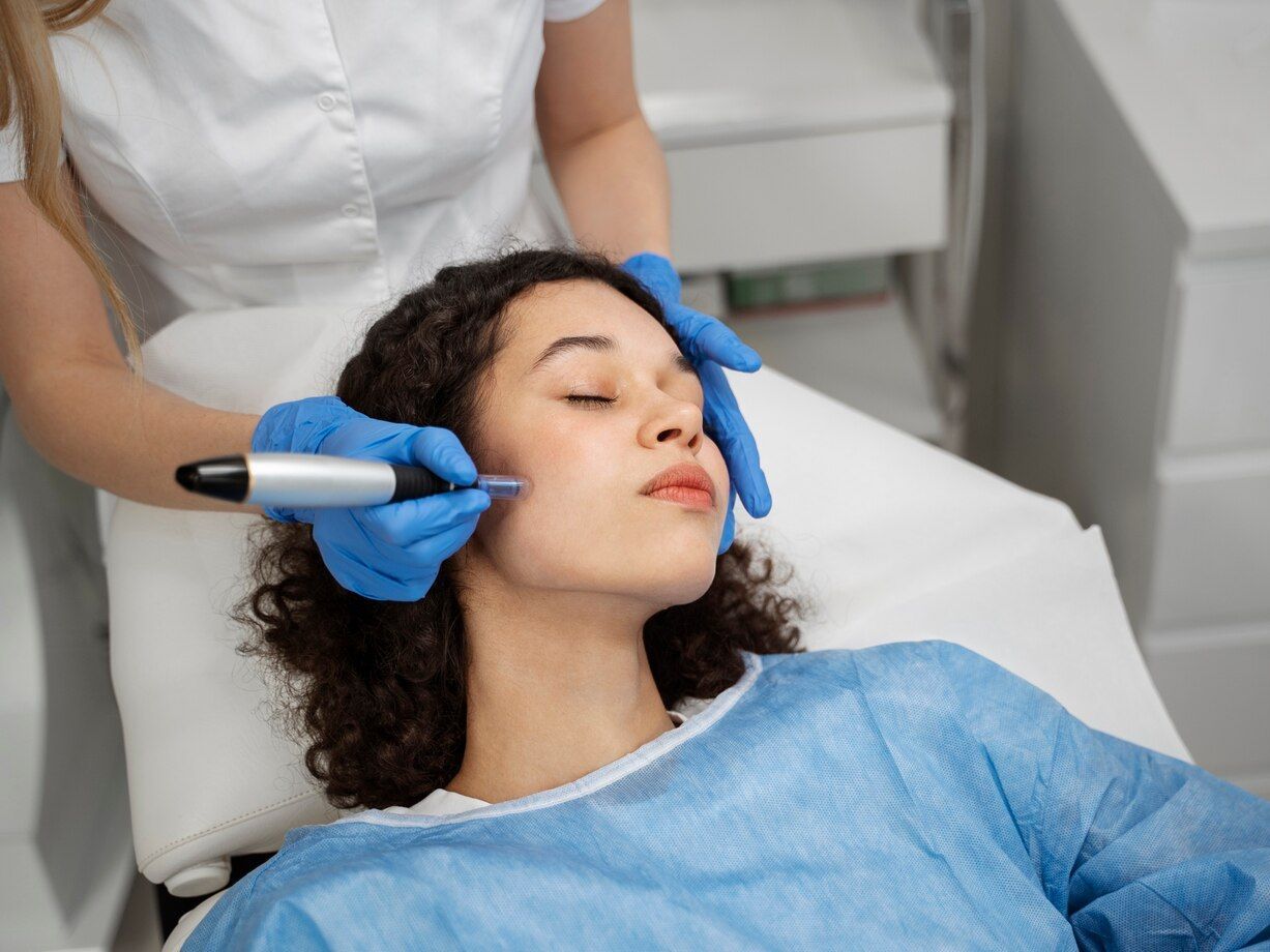 A woman is getting a facial treatment at a beauty salon.
