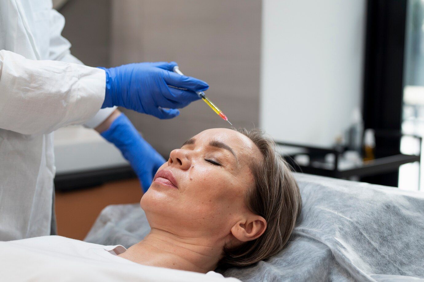 Botox injection for forehead wrinkles.