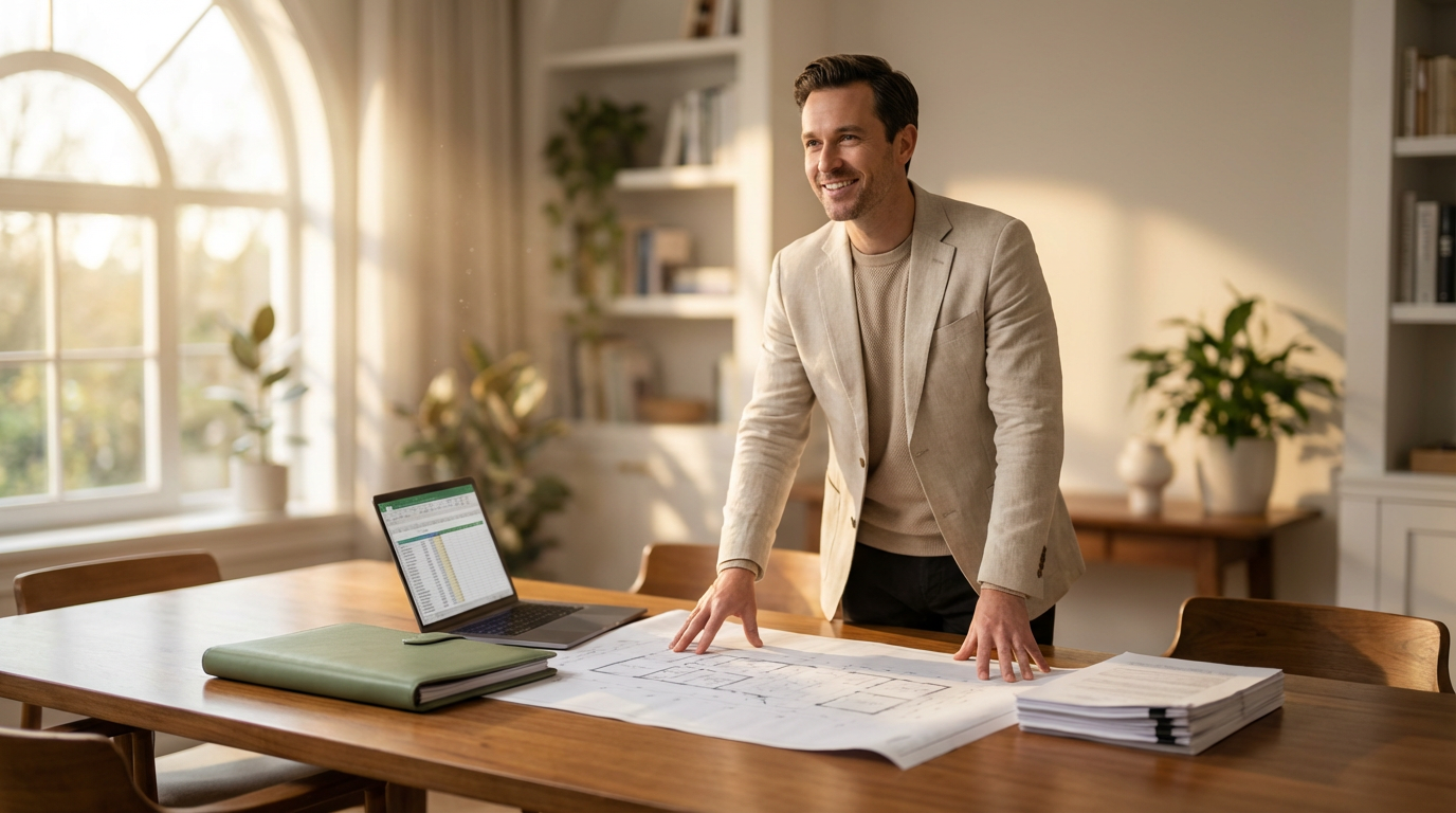 man standing behind a desk with sun shining through a window & building plans/paperwork on the desk