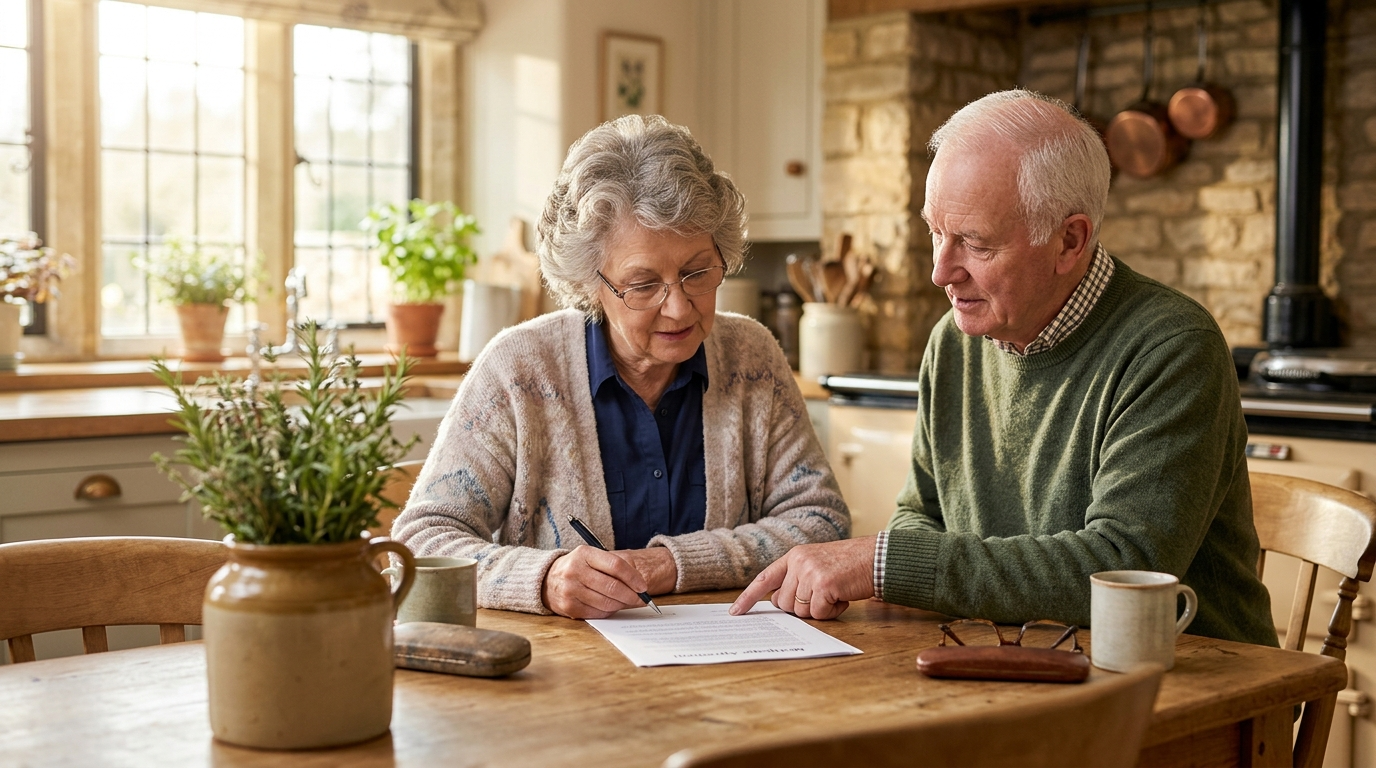 Two people sitting at a wooden kitchen table, reviewing and signing a document together in a sunlit, rustic home setting.