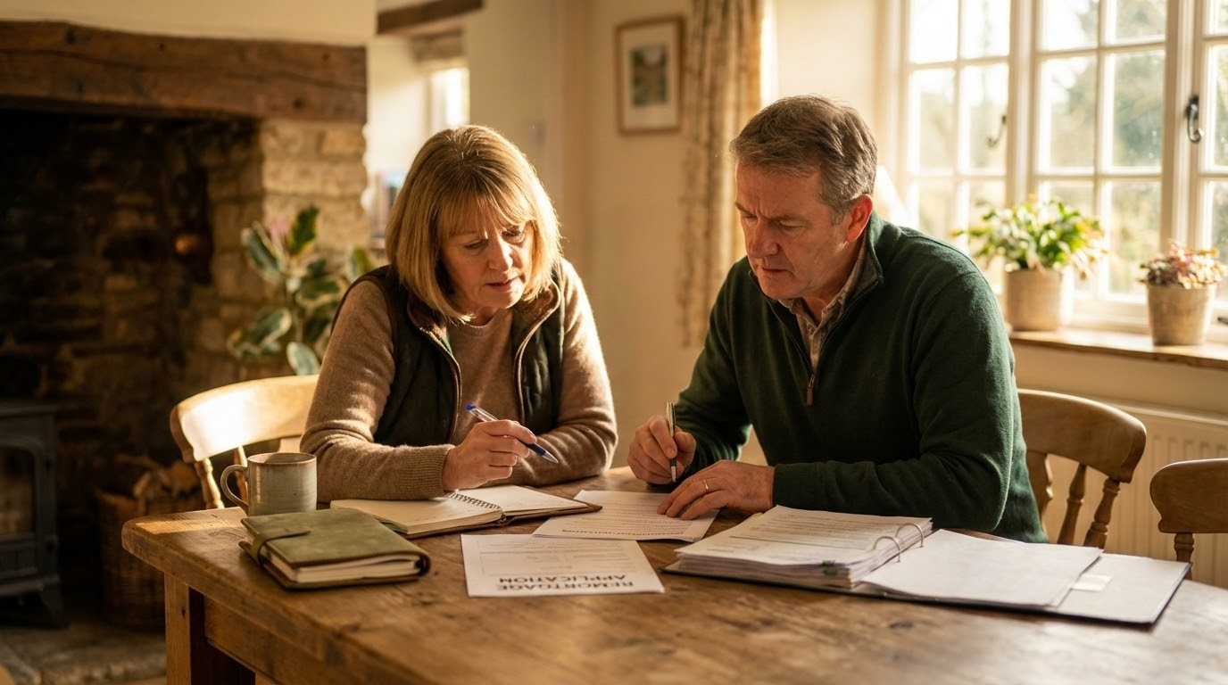Couple reviewing paperwork at a wooden table in a well-lit room; focused expressions, pens in hand.