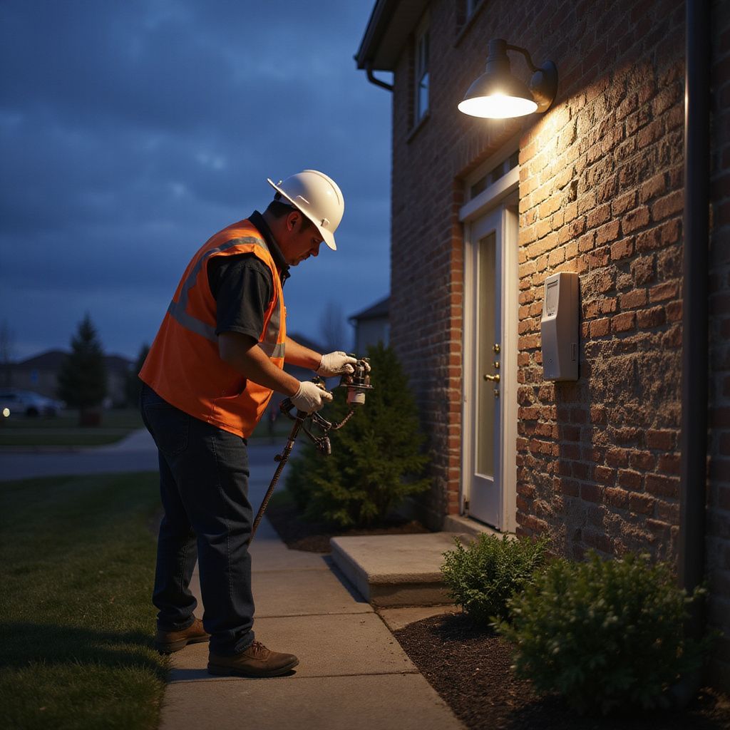 Worker in orange safety vest and hard hat inspecting exterior brick wall lights at dusk