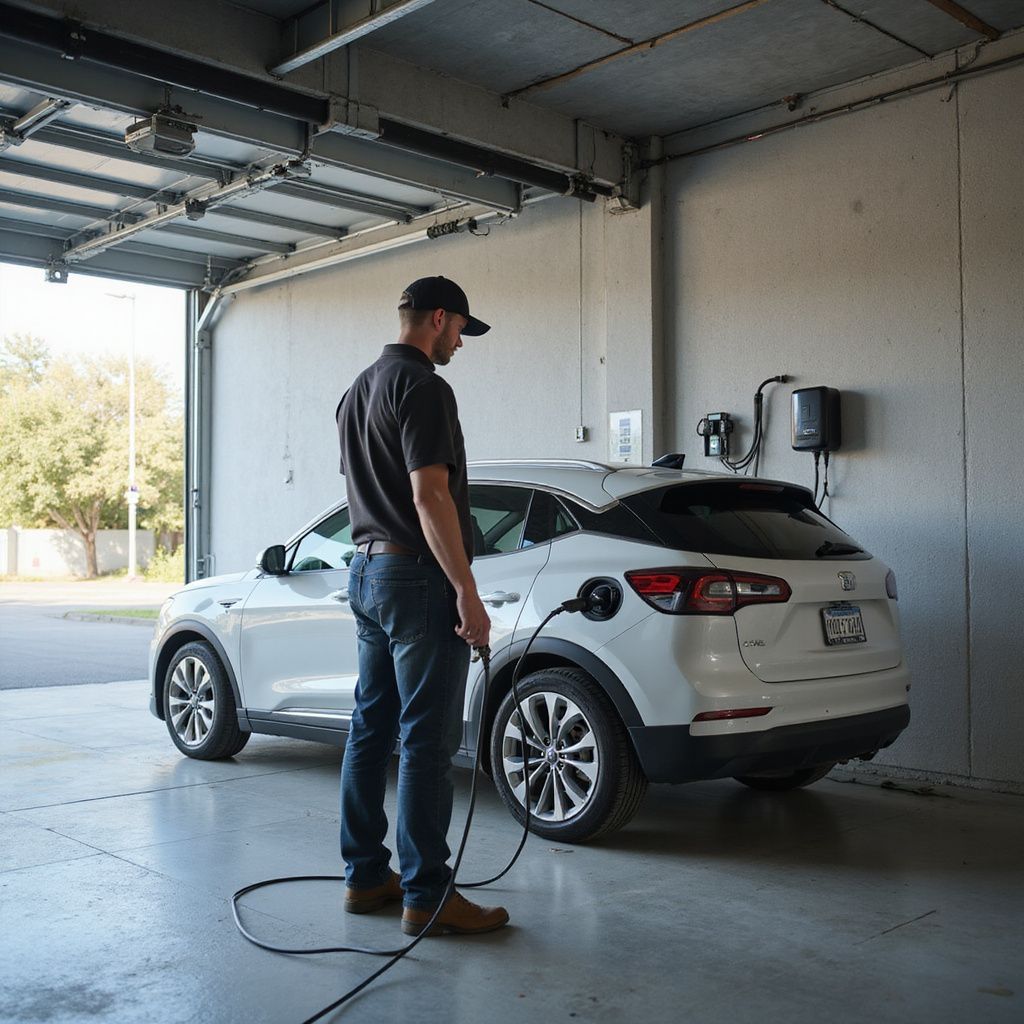 Man standing beside a silver SUV in a garage, inspecting a cable on the floor.