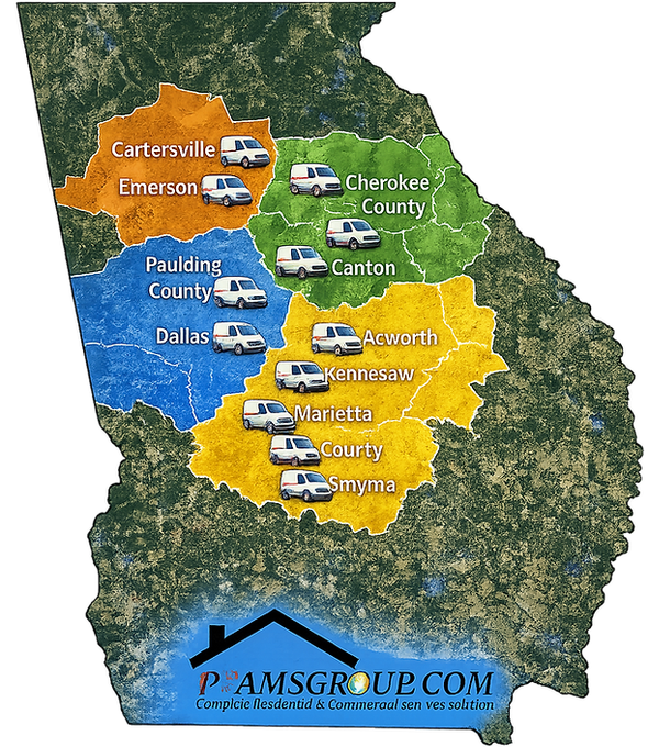 Map of Georgia with colored service areas and city labels, plus PAMS Group logo at bottom.