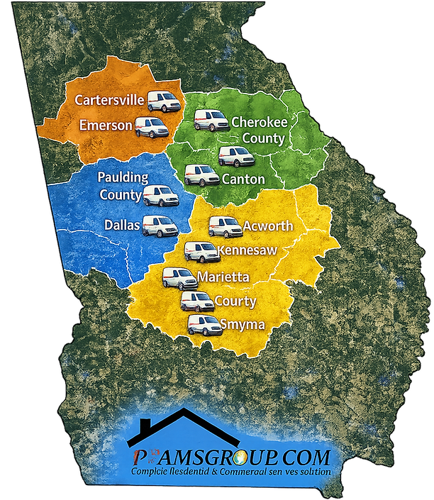 Georgia map with colored service regions and city labels for PAMSGROUP.com