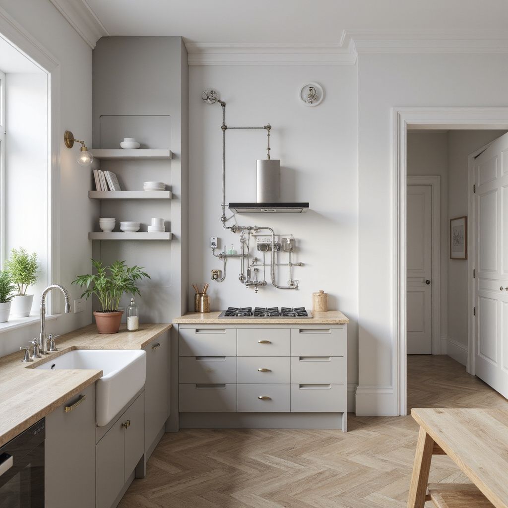 Bright modern kitchen with gray cabinets, wood countertops, open shelving, and a large window