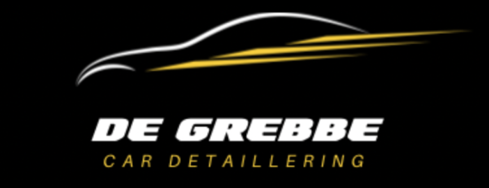 Logo voor Grebbe Car Detaillering; gestileerde auto-omtrek in wit en goud op zwart.