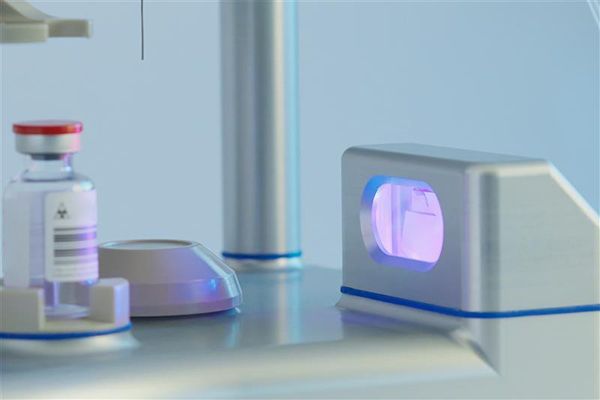 Eine Flasche mit einem Medikament steht vor einem Barcode-Scanner.