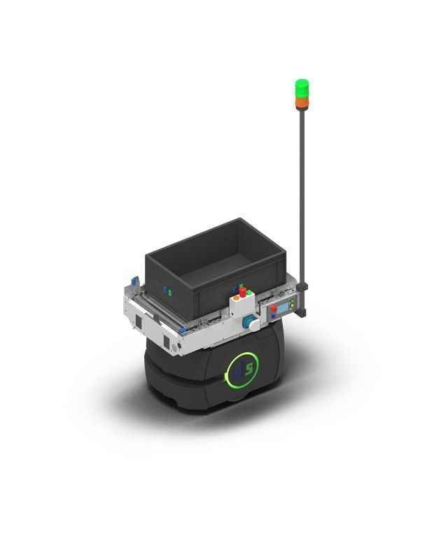 Robot with a black bin on top, moving goods. Green light on pole, black body.