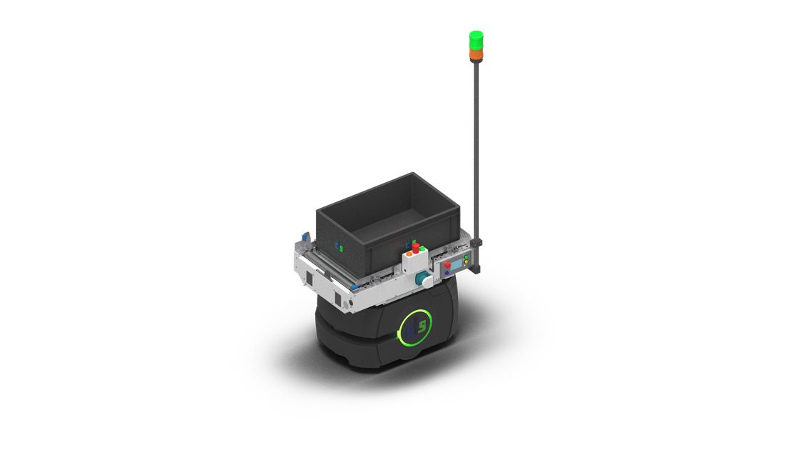Automated guided vehicle (AGV) with a black base, carrying a container, green light on top.