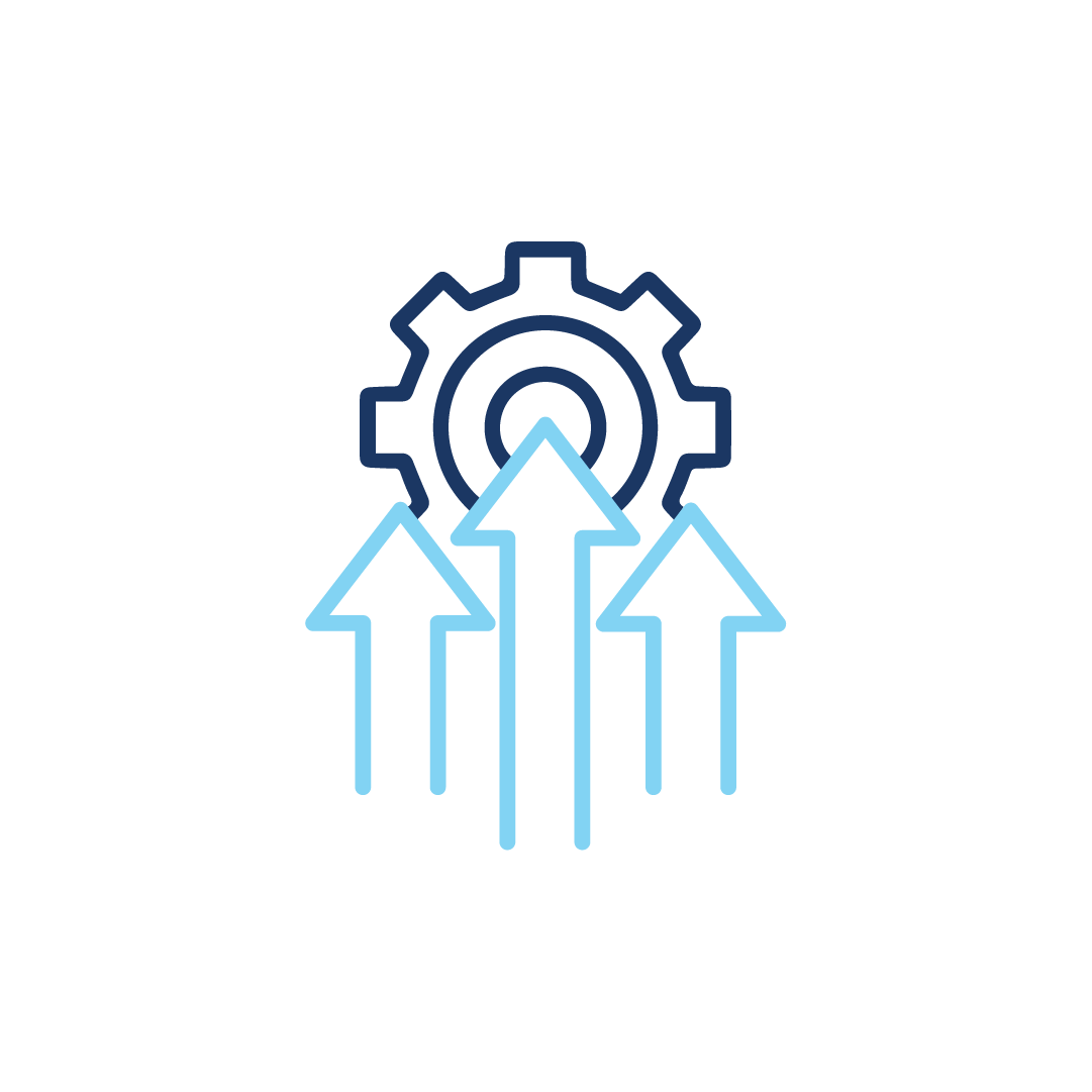 Ein Symbol mit einem Zahnrad und drei nach oben zeigenden Pfeilen.