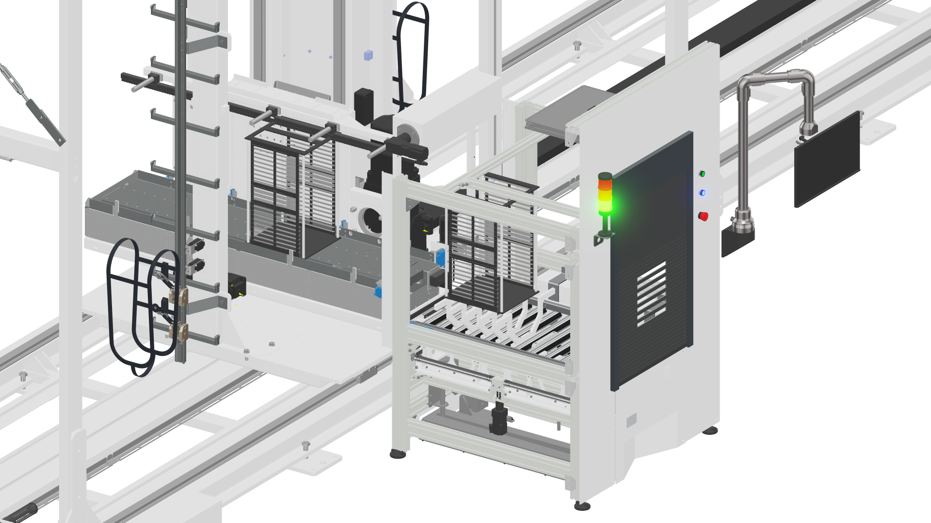 Automatisiertes SMT-Reels mit Regalen und Roboterarm.
