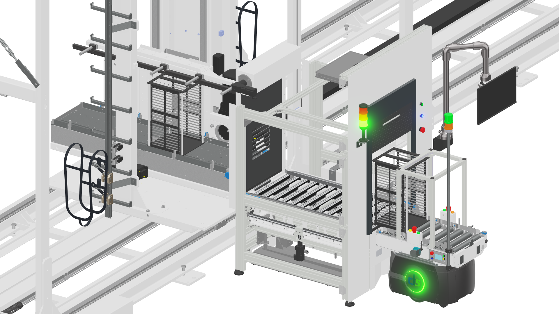 Automated robotic manufacturing assembly line with conveyors, machinery, and safety lighting.