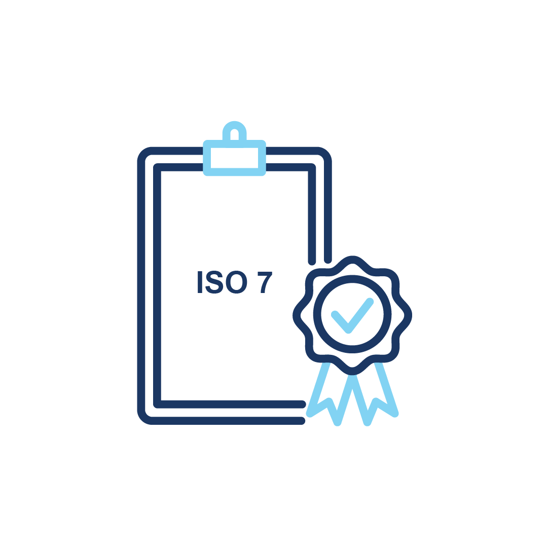 Ein Klemmbrett mit der Aufschrift „ISO 7“ und ein Band.