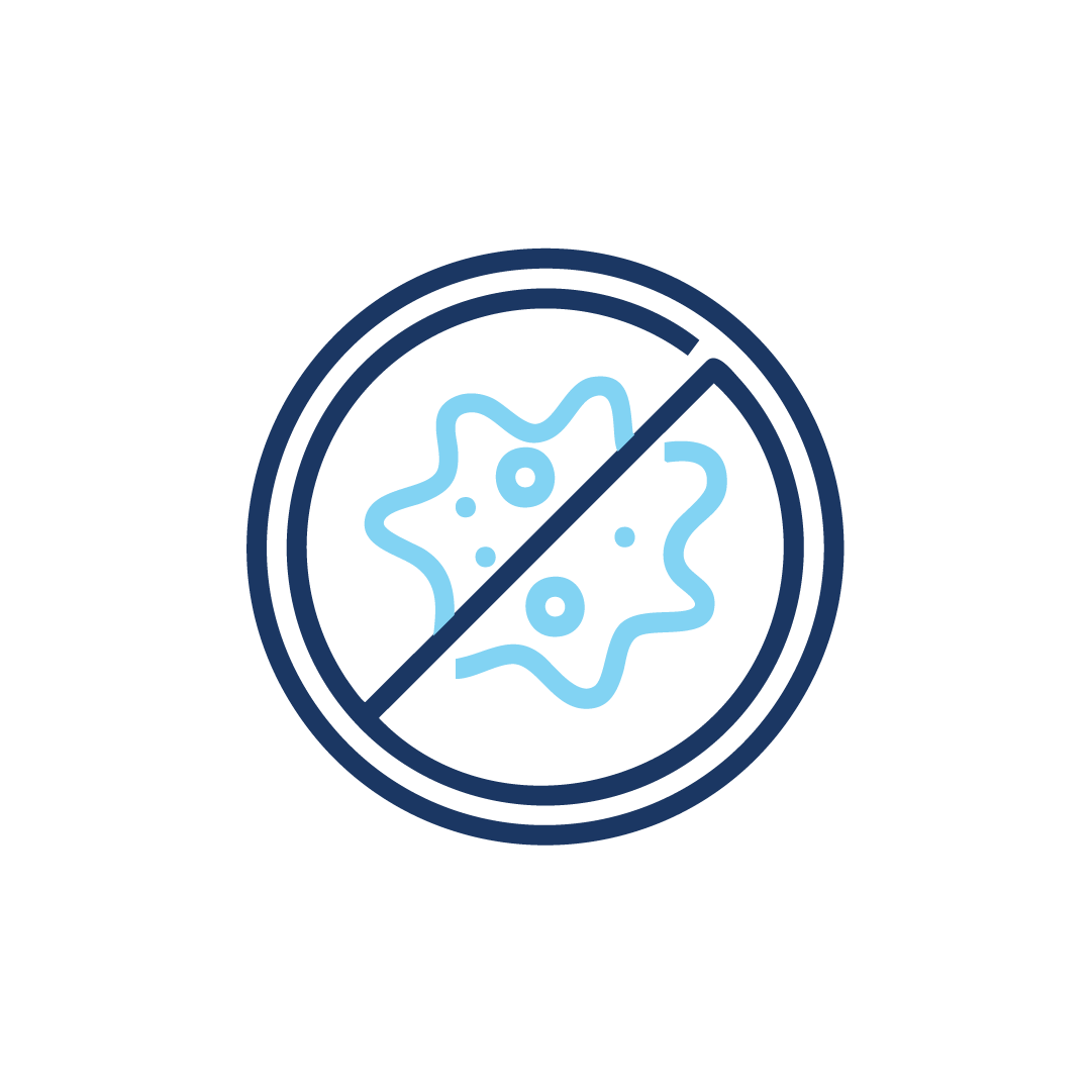 Ein blaues Symbol einer Bakterie in einem Kreis mit einem Kreuz hindurch.