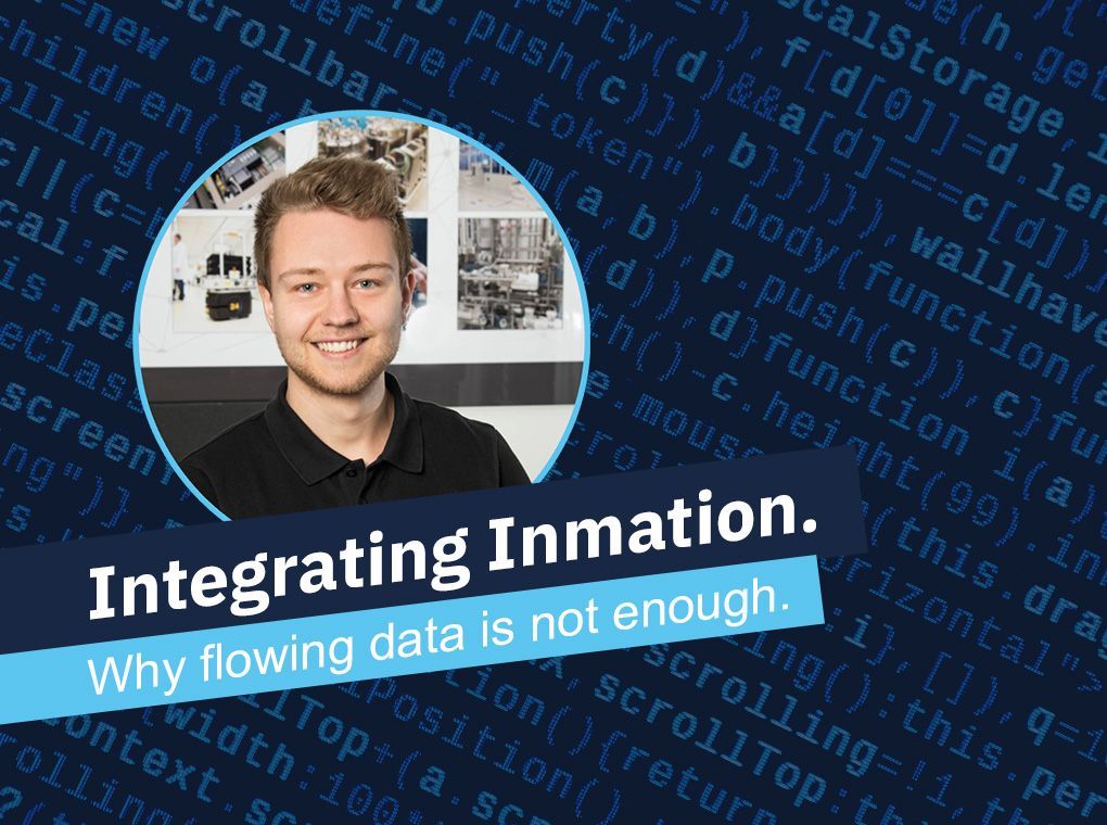 Portrait in a circular frame over a blue code background with text: “Integrating Inmation. Why flowing data is not enough.”