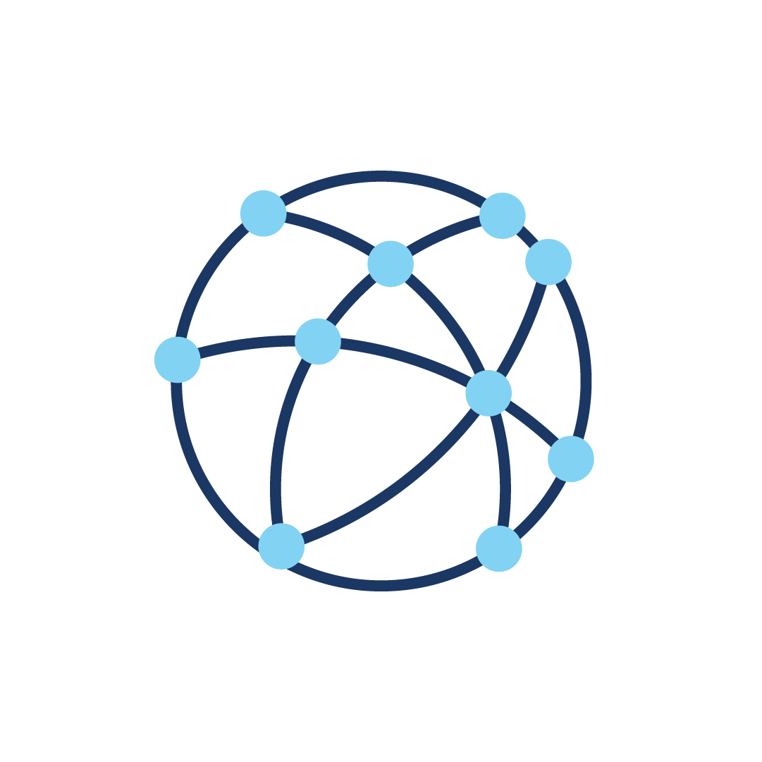 Ein Symbol eines Globus mit blauen Punkten auf weißem Hintergrund.