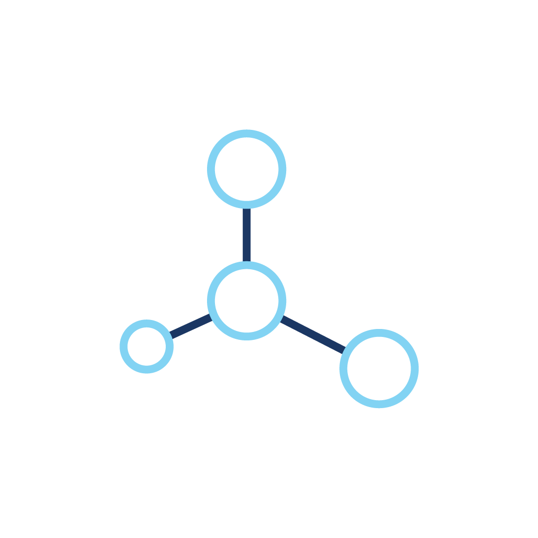 Ein blaues Symbol einer chemischen Struktur auf weißem Hintergrund.