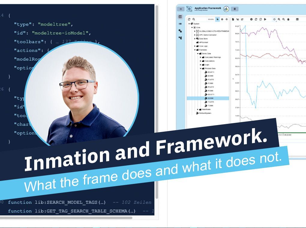 Presentation slide with portrait, code, charts, and title “Information and Framework” on blue banner