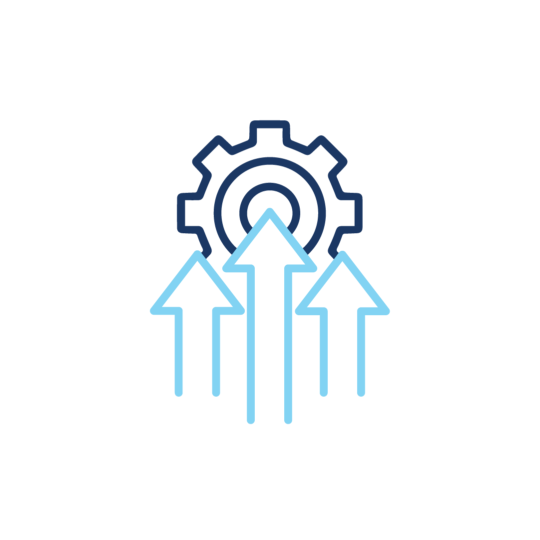 Ein Symbol mit einem Zahnrad und drei nach oben zeigenden Pfeilen.