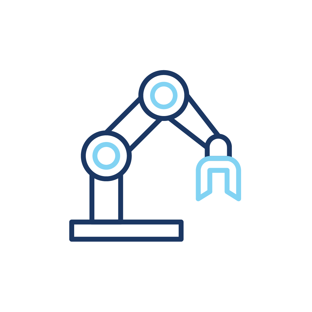Ein Symbol eines Roboterarms mit einem daran befestigten Greifer.