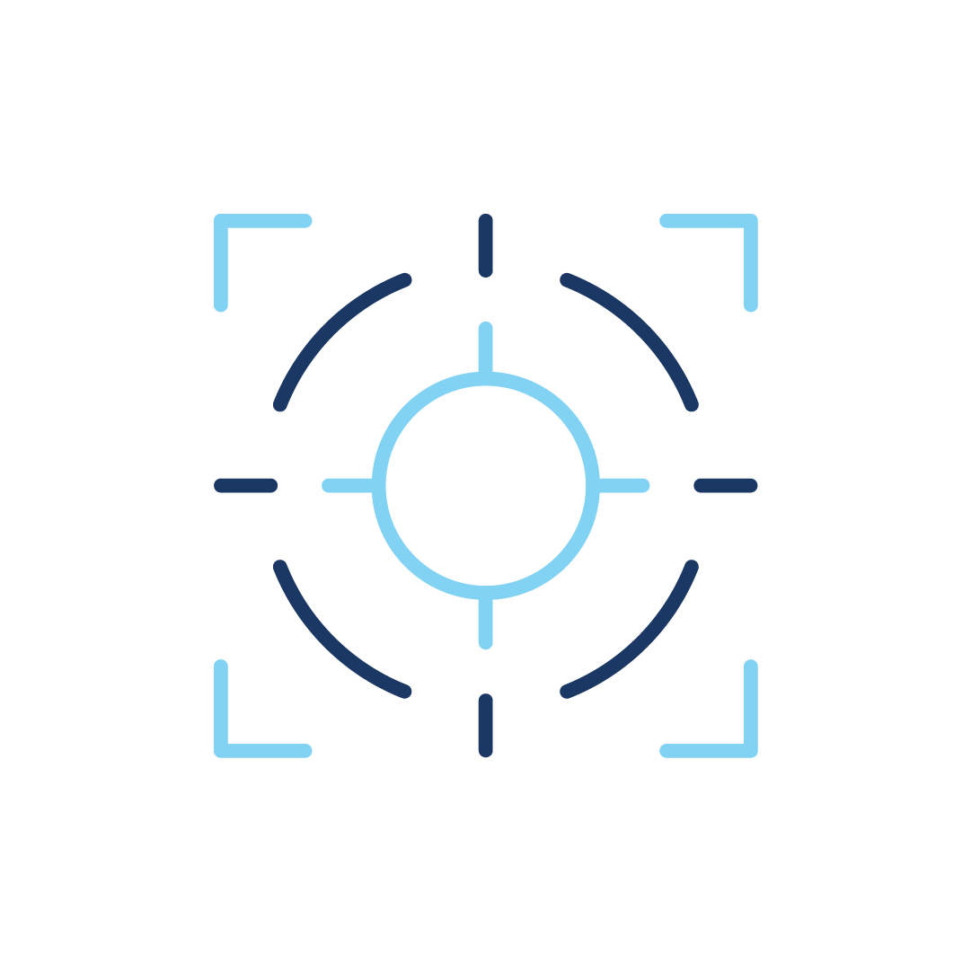 Ein blaues Symbol einer Zielscheibe mit Pfeilen, die in verschiedene Richtungen zeigen.