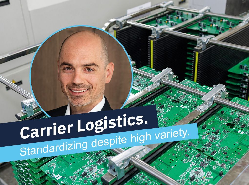 Portrait of a man over circuit boards with “Carrier Logistics” and “Standardizing despite high variety.”