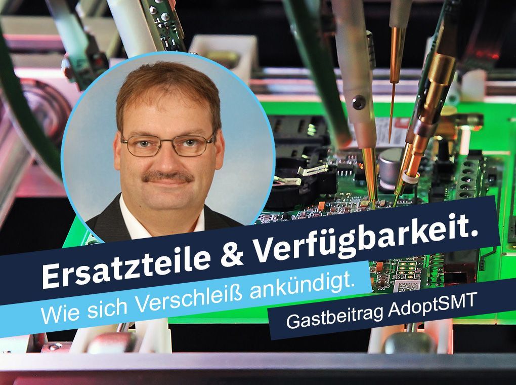 AdoptSMT promo graphic with man’s portrait and text “Ersatzteile & Verfügbarkeit” over machinery background