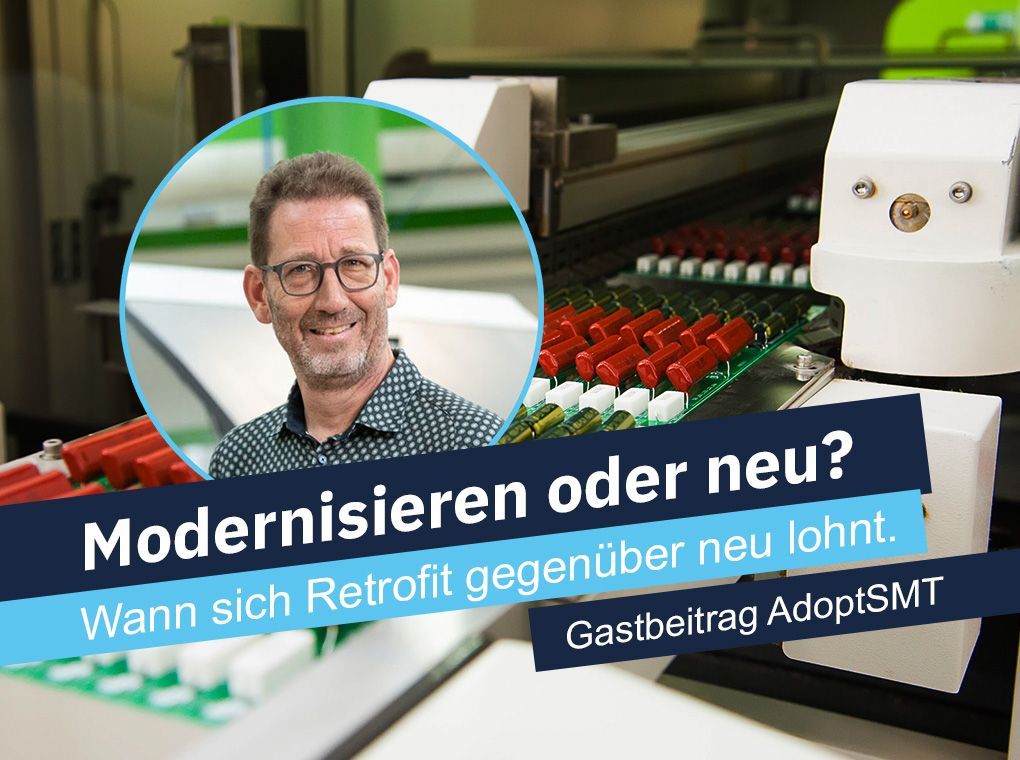 Porträt vor Maschinen mit Text: „Modernisieren oder neu? Wann sich Retrofit gegenüber neu lohnt.“