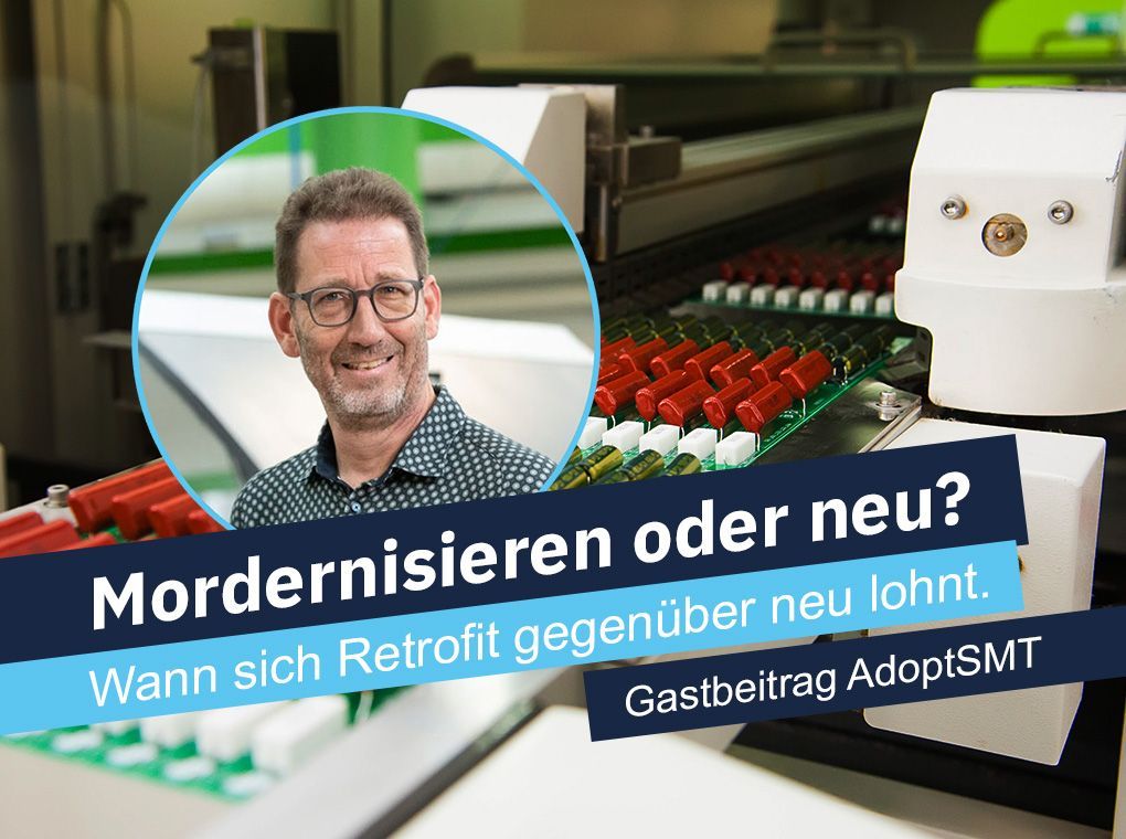 Porträt vor Maschinen mit Text: „Mordernisieren oder neu? Wann sich Retrofit gegenüber neu lohnt.“
