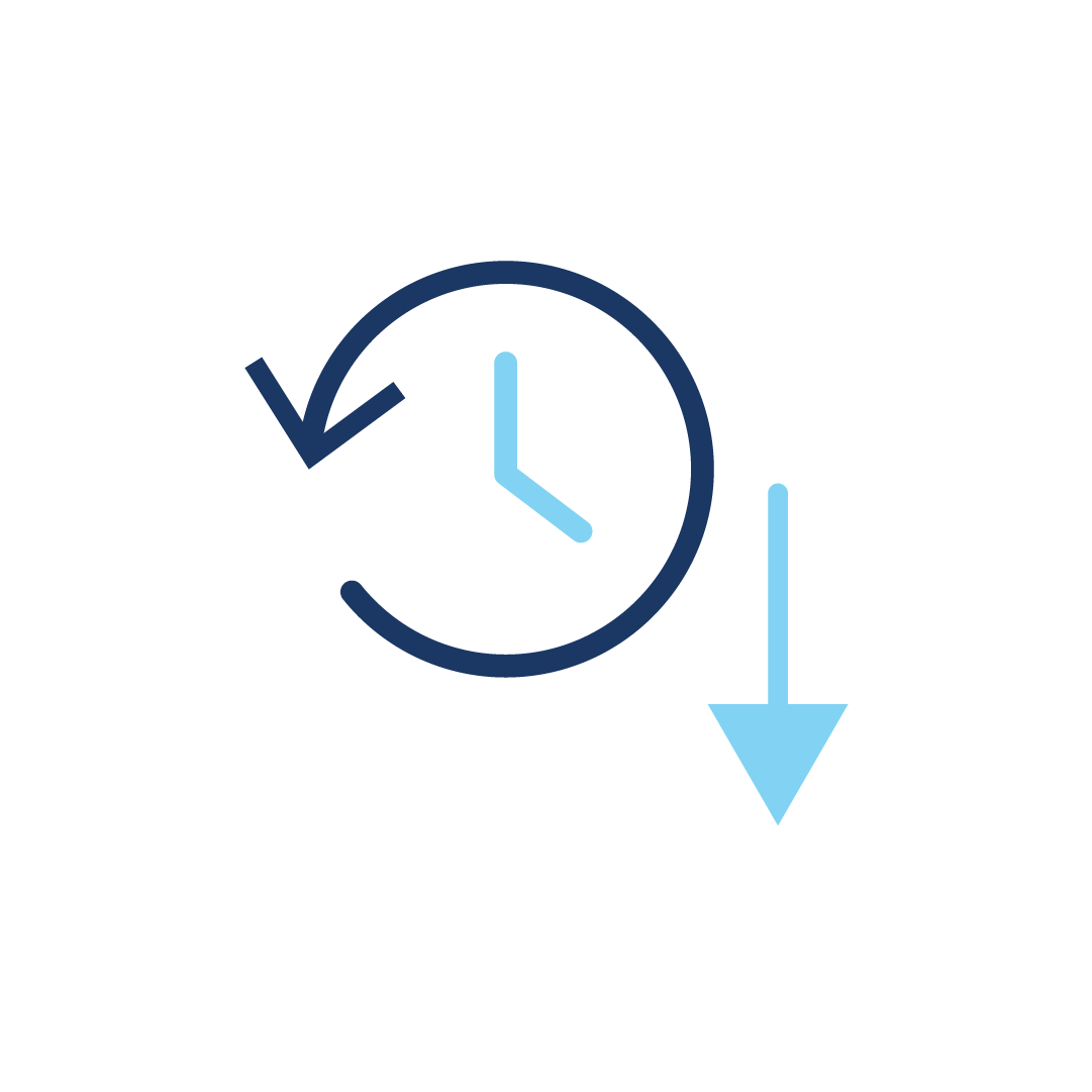 Ein Symbol einer Uhr mit einem nach unten zeigenden Pfeil.