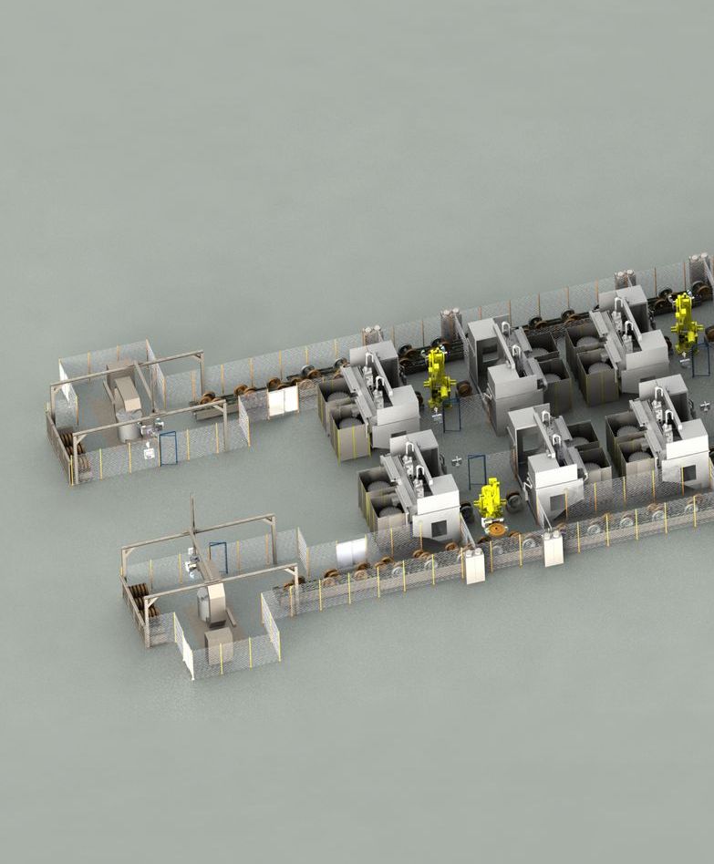 Ein 3D-Modell einer Fertigungslinie mit Robotern.