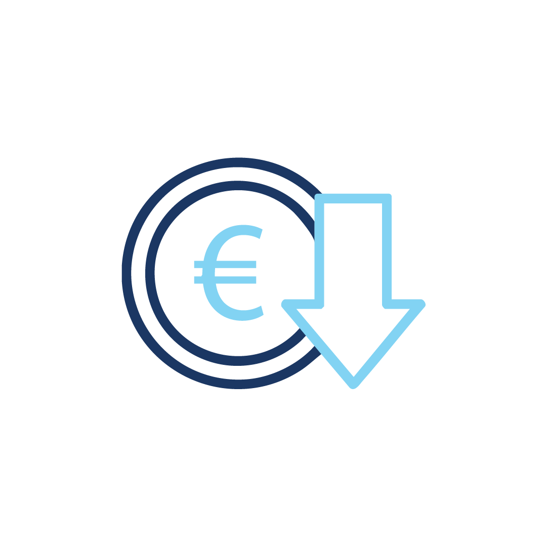 Ein Symbol einer Euromünze mit einem nach unten zeigenden Pfeil.