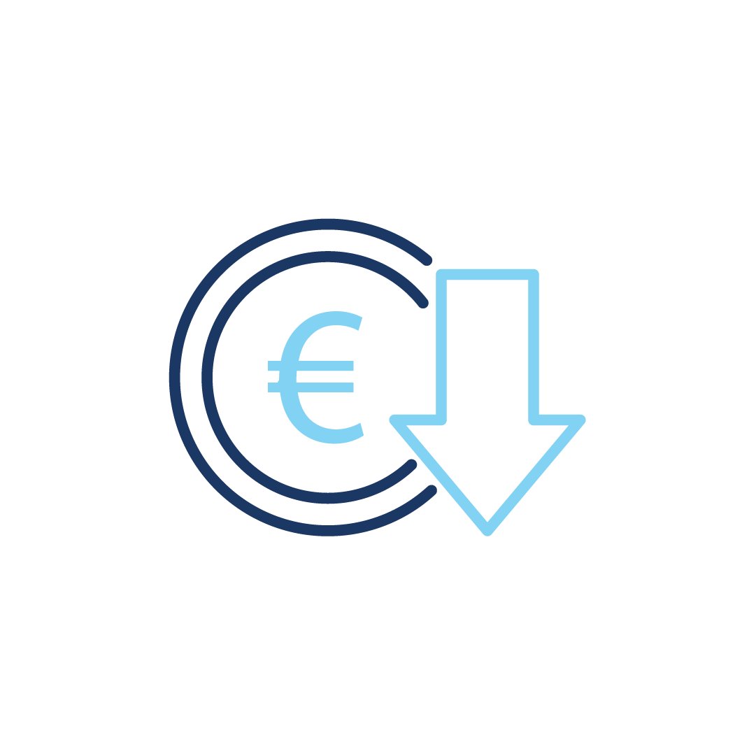 Ein Symbol eines Eurozeichens mit einem nach unten zeigenden Pfeil.