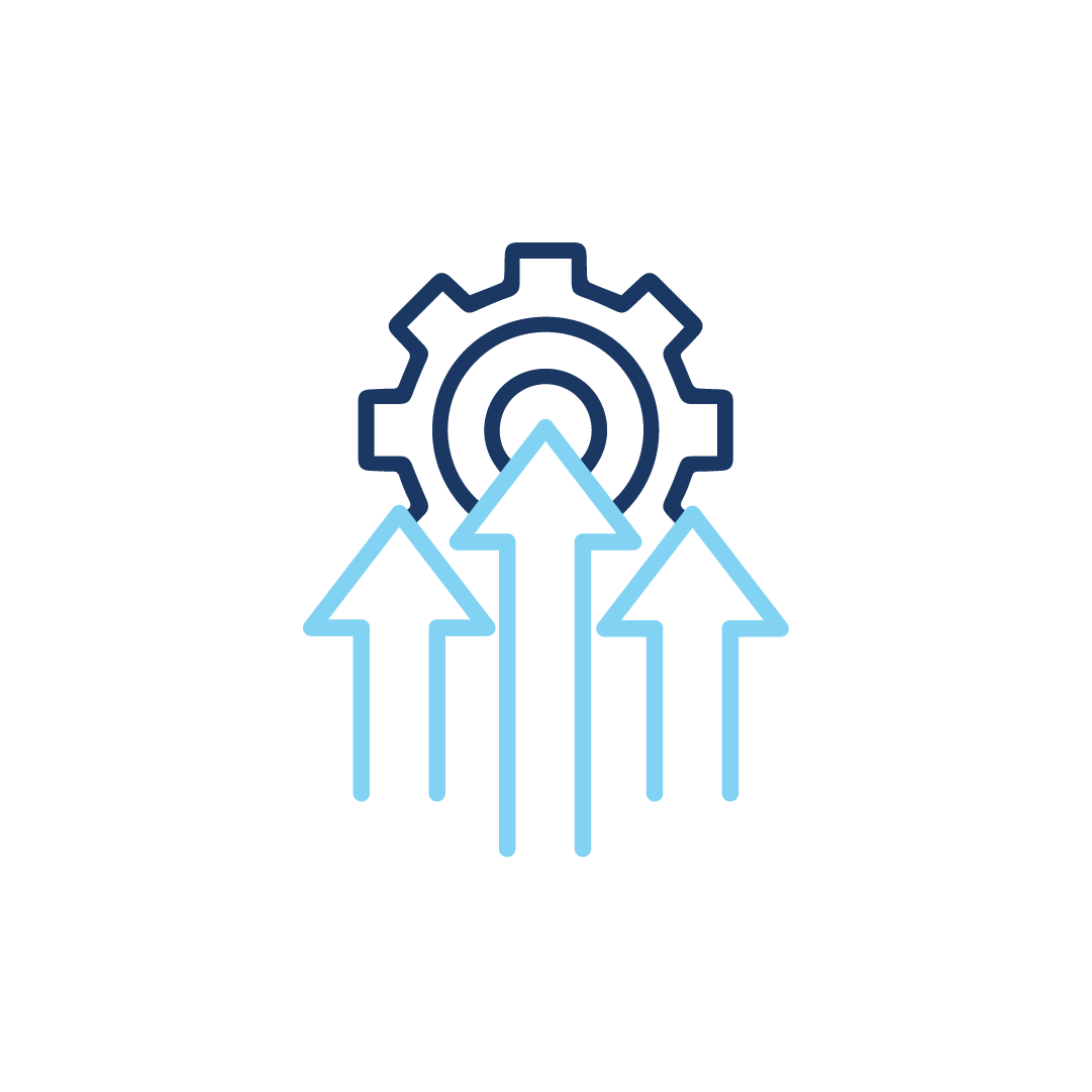 Ein Symbol mit einem Zahnrad und drei nach oben zeigenden Pfeilen.