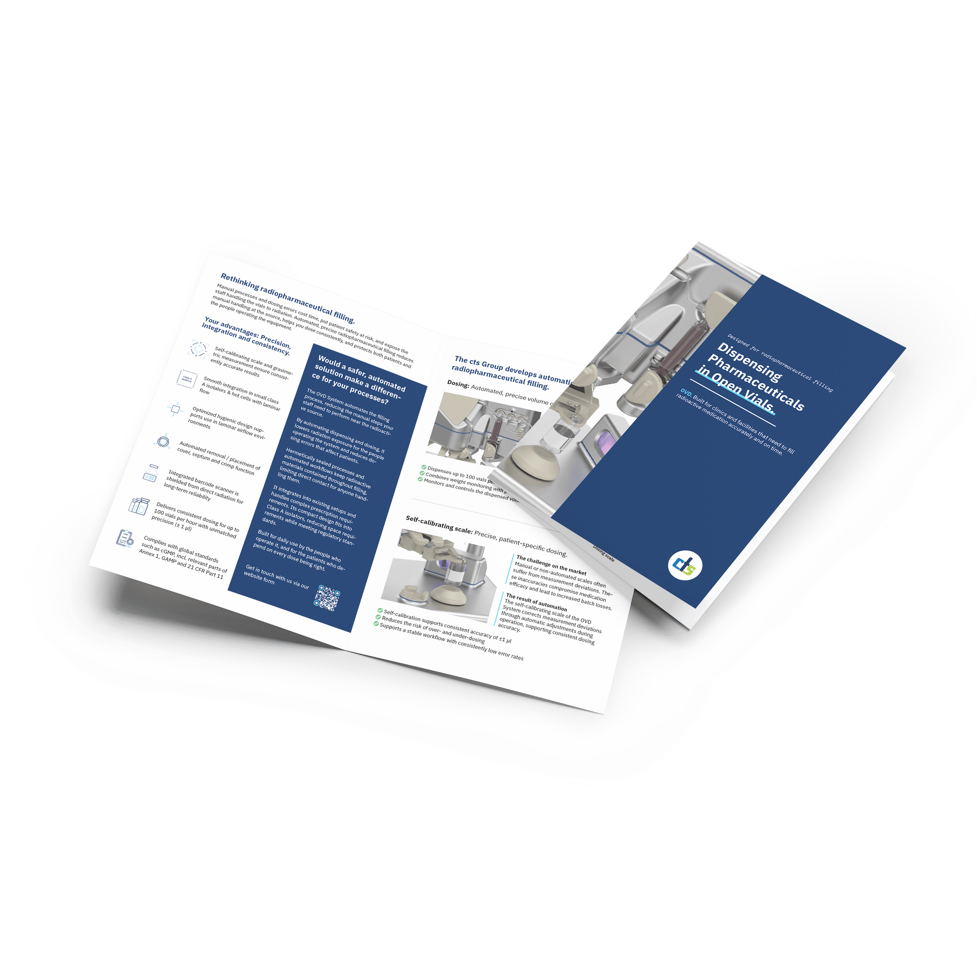 Two brochures: one white with text, one navy with an illustration of a machine.