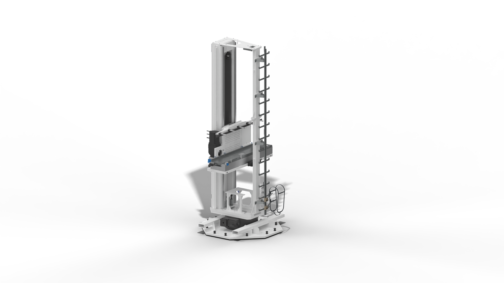 Automatisiertes SMT-Reels mit Regalen und Roboterarm.