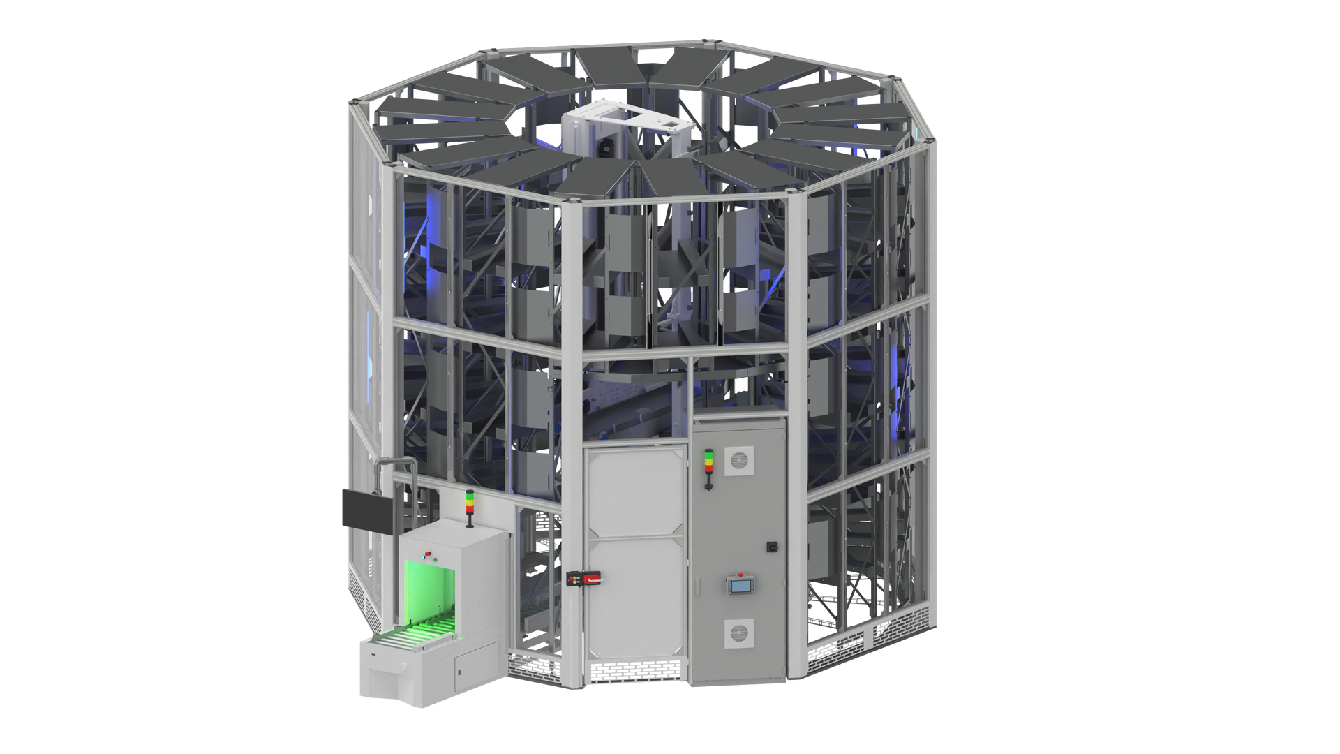 Eine große, transparente Maschine in einer hellen Fabrikhalle mit Förderband und Computer.