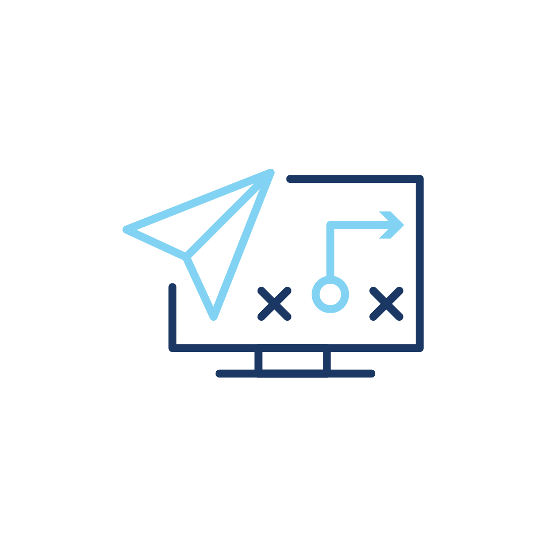 Ein Symbol eines Computerbildschirms mit einem Papierflieger und Pfeilen darauf.