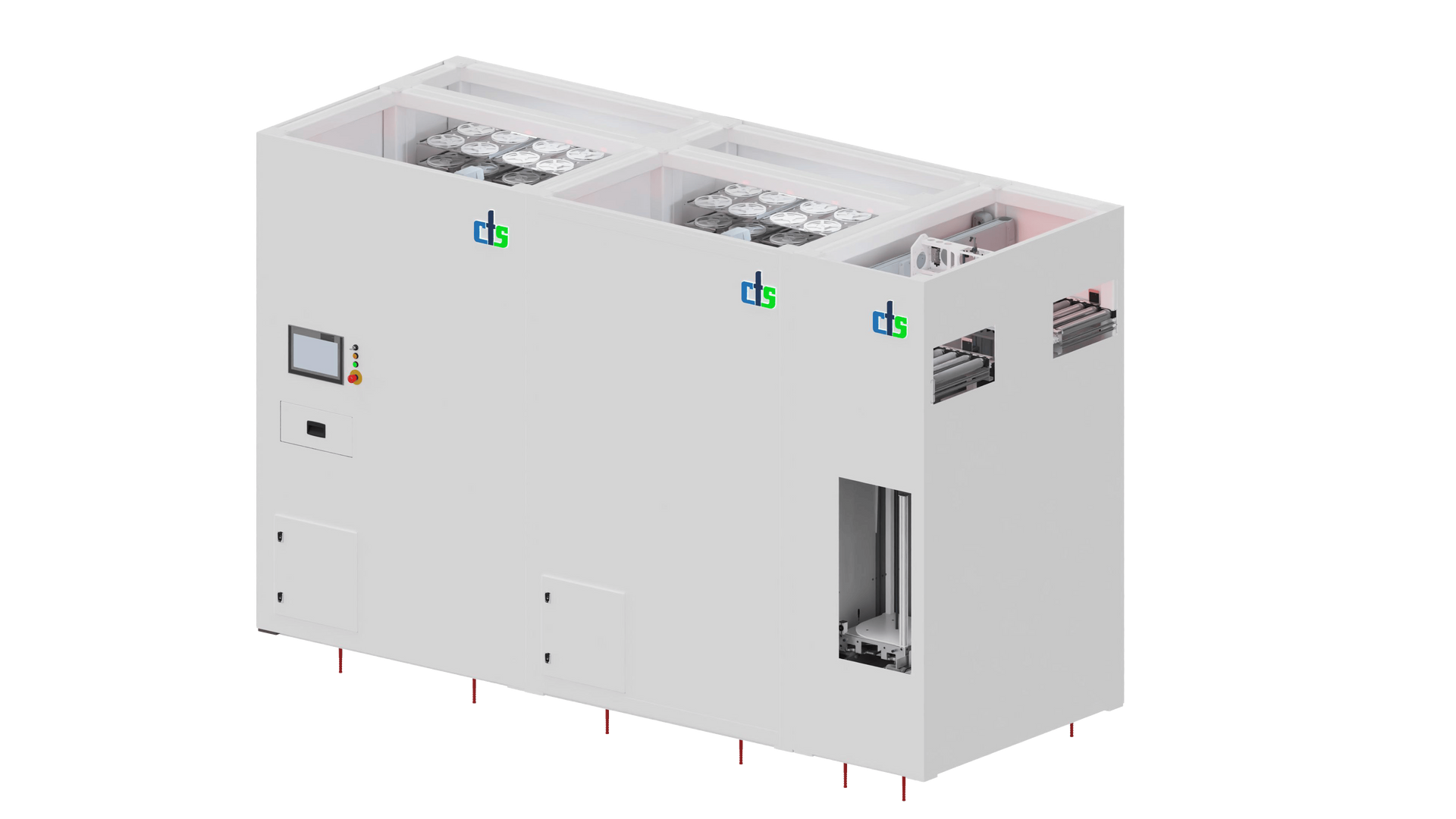 Eine weiße Industriemaschine mit drei beschrifteten Fächern, d1, d2 und d3, auf der Oberseite.
