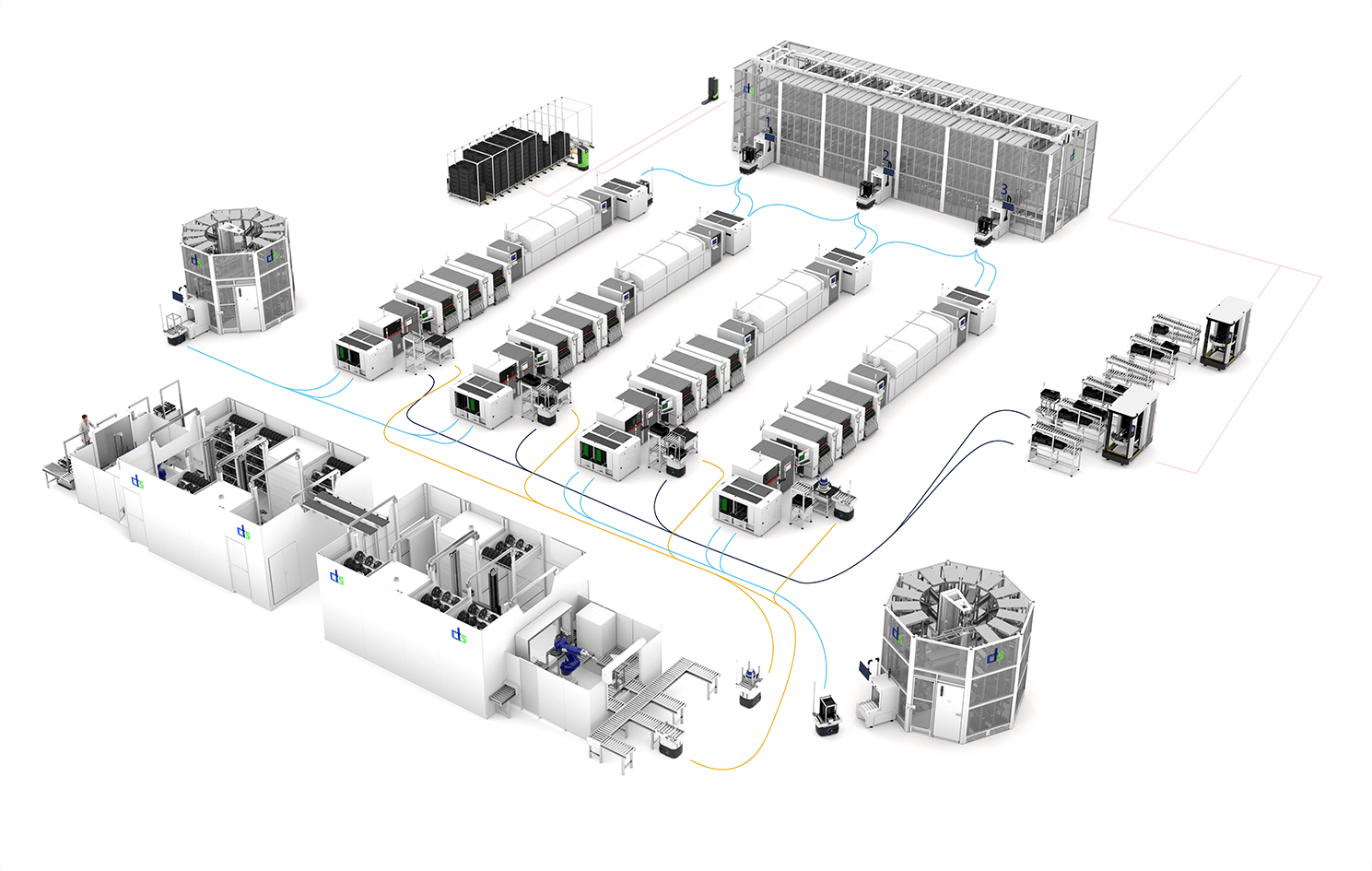 Visualisierung einer Elektronikfertigung in 100% Automatisierung A 3D render of an industrial automated production system with modular machinery and connecting transport lines.