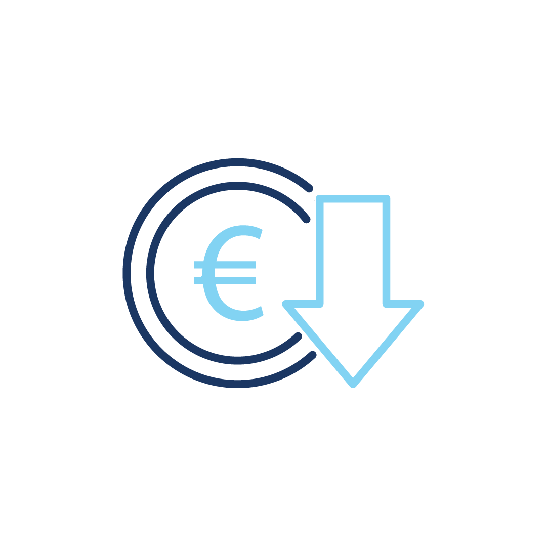 Ein Symbol eines Eurozeichens mit einem nach unten zeigenden Pfeil.