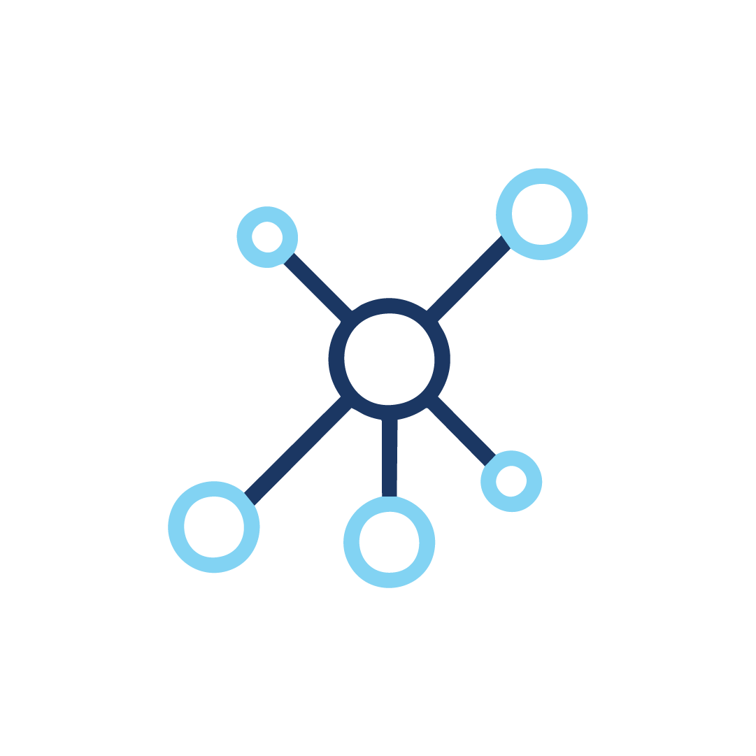 Ein blaues Symbol eines Moleküls mit Kreisen darum auf weißem Hintergrund.